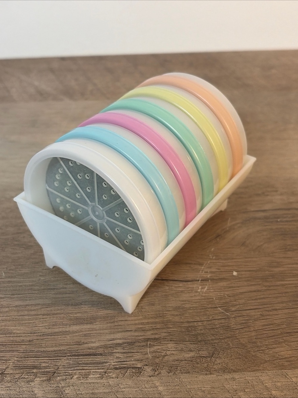 Vintage Tupperware Pastel Wagon Wheel Coasters Set Of 6 With Caddy Rack Holder